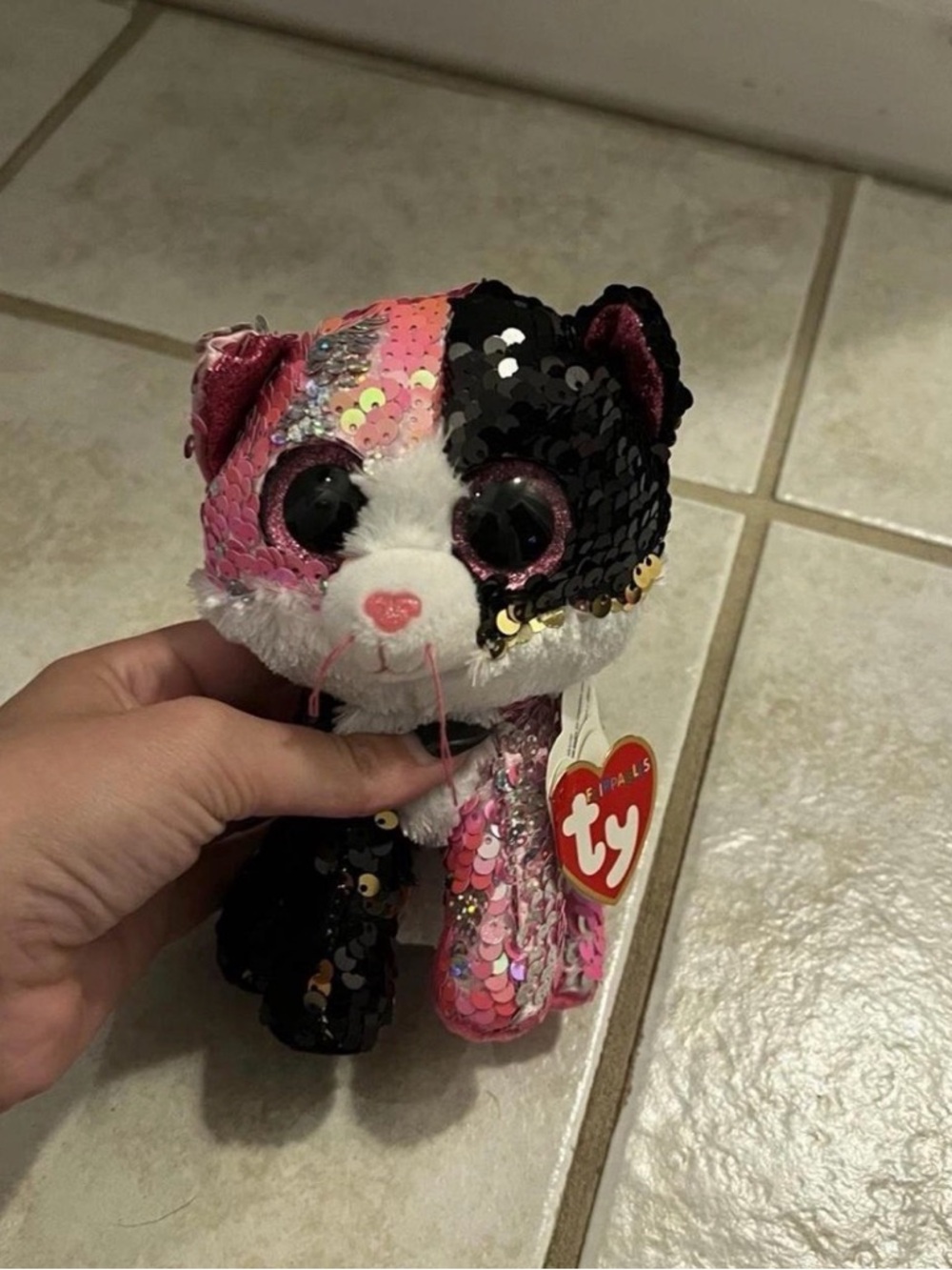 Ty Sequin Malibu Cat Plush - Pink, Black & White 6” NWT